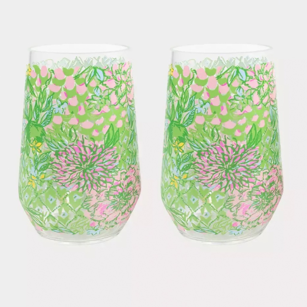 Lilly Pulitzer "Acrylic Wine Glass Set of two in Lime Feeling Good” NWT